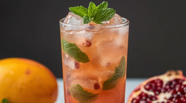 pomegranate mocktails including citrus mint cooler, chia refresher, green tea fizz, and mango pomegranate splash